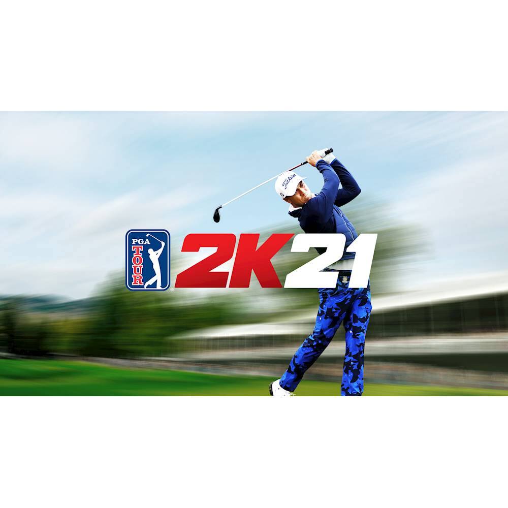 The largest text in the image reads "2K21," which is likely a reference to the video game PGA Tour 2K21. The image features a man swinging a golf club, possibly a PGA golfer, and the background includes a golf course and trees. The man is wearing a blue shirt and blue pants, and he is holding a golf club in his hands.