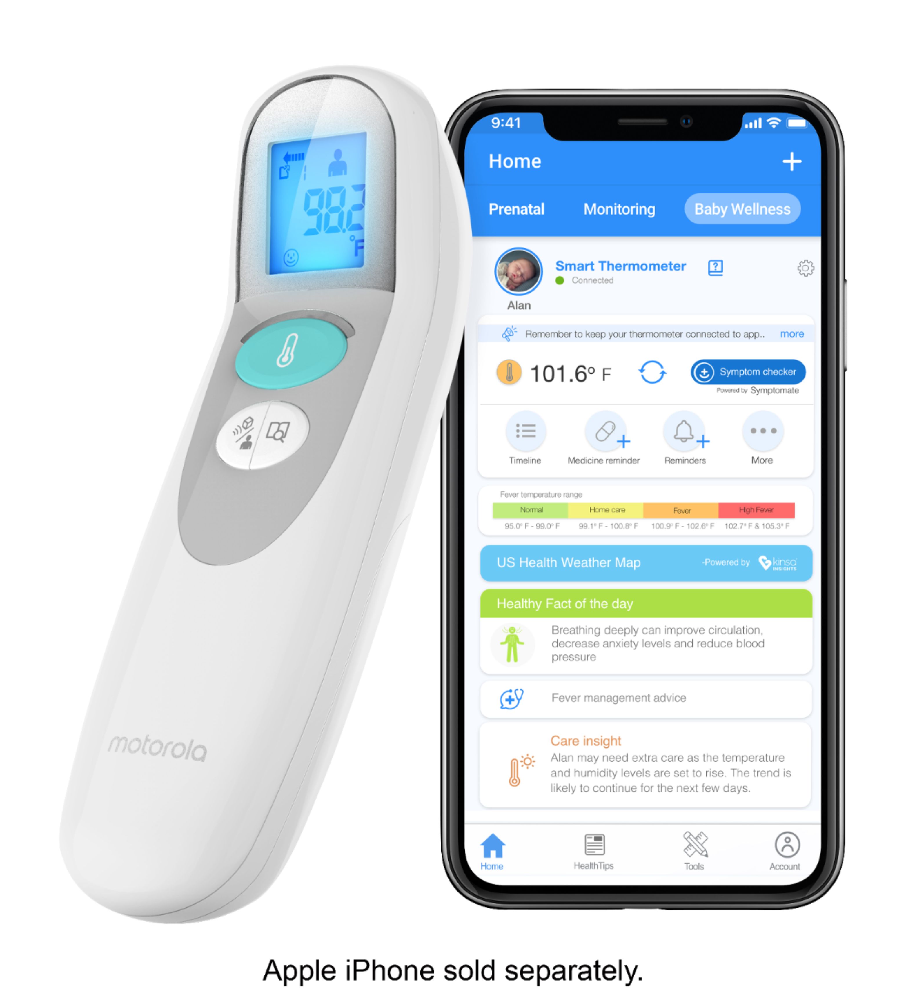 Angle View: Motorola - Care+ 3-in-1 Smart Thermometer - White