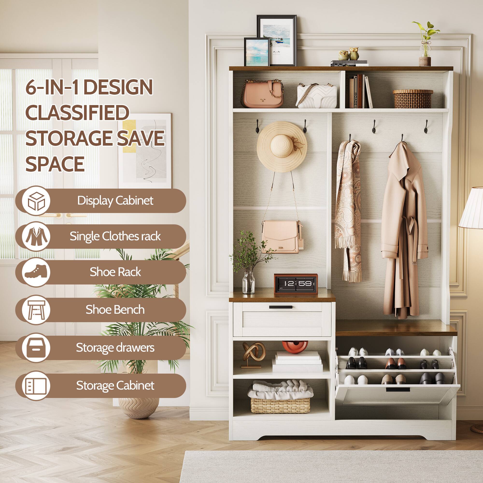 6-IN-1 DESIGN CLASSIFIED STORAGE SAVE SPACE

- Display Cabinet
- Single Clothes rack
- Shoe Rack
- Shoe Bench
- Storage drawers
- Storage Cabinet