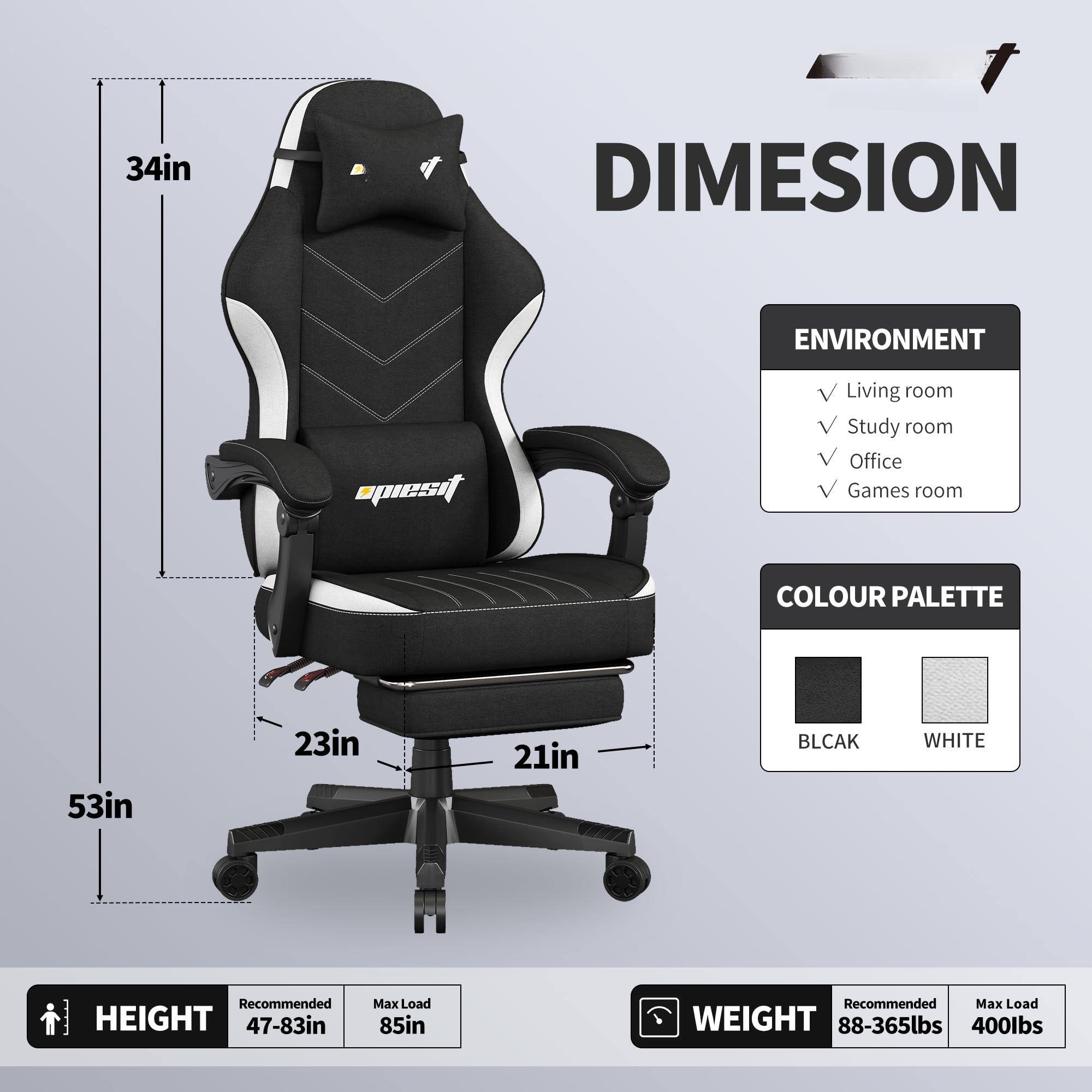 **DIMENSION**

- **HEIGHT**
  - Recommended: 47-83in
  - Max Load: 85in

- **WEIGHT**
  - Recommended: 88-365lbs
  - Max Load: 400lbs

- **ENVIRONMENT**
  - Living room
  - Study room
  - Office
  - Games room

- **COLOUR PALETTE**
  - BLACK
  - WHITE

- **DIMENSIONS**
  - 53in (height)
  - 34in (seat height)
  - 23in (seat width)
  - 21in (seat depth)
