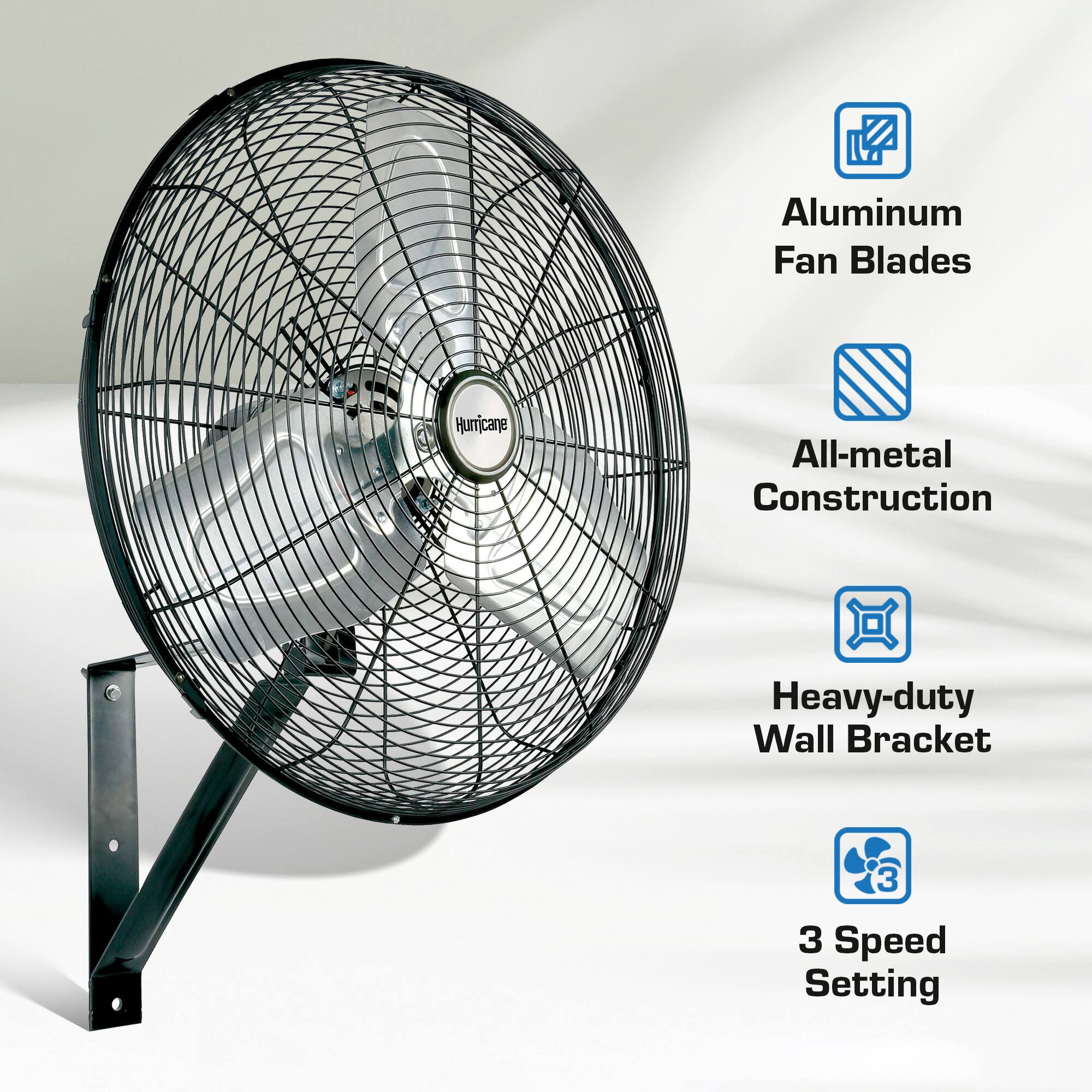 Aluminum Fan Blades Hurricane All-metal Construction Heavy-duty Wall Bracket 3 Speed Setting