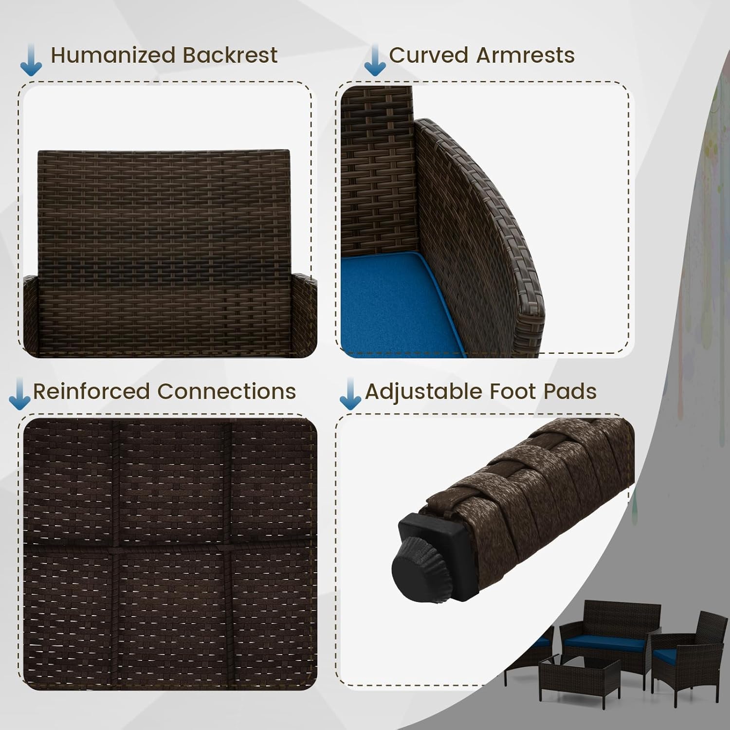 Humanized Backrest, Curved Armrests, Reinforced Connections, Adjustable Foot Pads