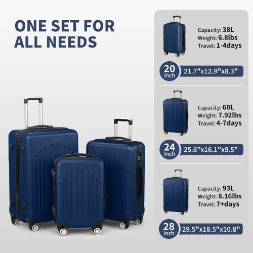 ONE SET FOR ALL NEEDS

Capacity: 38L  
Weight: 6.8lbs  
Travel: 1-4 days  
20 Inch  
21.7"x12.9"x8.3"

Capacity: 60L  
Weight: 7.92lbs  
Travel: 4-7 days  
24 Inch  
25.6"x16.1"x9.5"

Capacity: 93L  
Weight: 8.16lbs  
Travel: 7+ days  
28 Inch  
29.5"x18.5"x10.8"