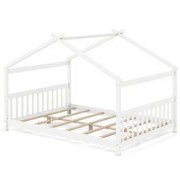 Costway - Full Size House Bed with Roof Wooden Low Floor Bed No Box Spring Needed - White