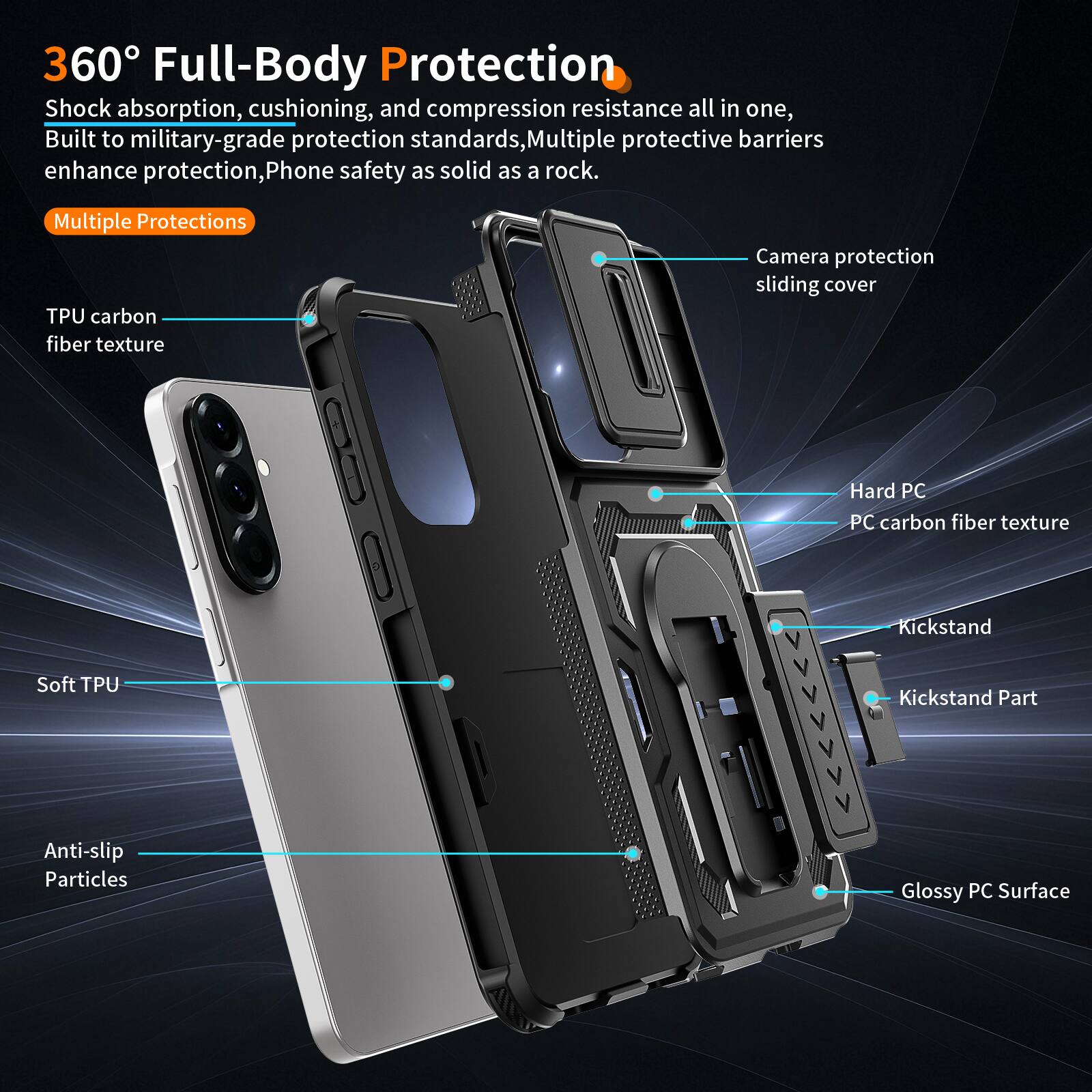 360° Full-Body Protection  
Shock absorption, cushioning, and compression resistance all in one, Built to military-grade protection standards, Multiple protective barriers enhance protection, Phone safety as solid as a rock.  

Multiple Protections  
TPU carbon fiber texture  
Camera protection sliding cover  
Hard PC PC carbon fiber texture  
Kickstand  
Soft TPU  
Kickstand Part  
Anti-slip Particles  
Glossy PC Surface
