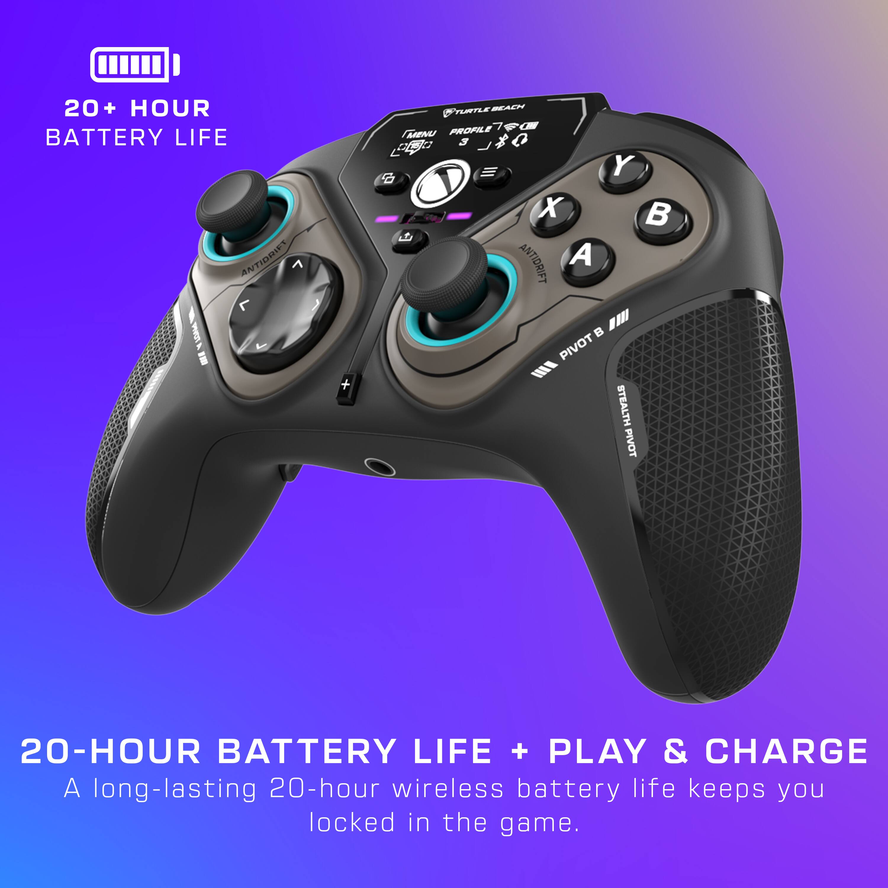 The text on the image reads: "20+ HOUR BATTERY LIFE ANTIDRIFT 7+ YURTLEBEACH MEN (MINI PROFILE) PROFILE DEA 3 10+ Y X ANTIDRIFT A "H PIVOT III STEALTH PIVOT 20-HOUR BATTERY LIFE + PLAY & CHARGE A long-lasting 20-hour wireless battery life keeps you locked in the game."