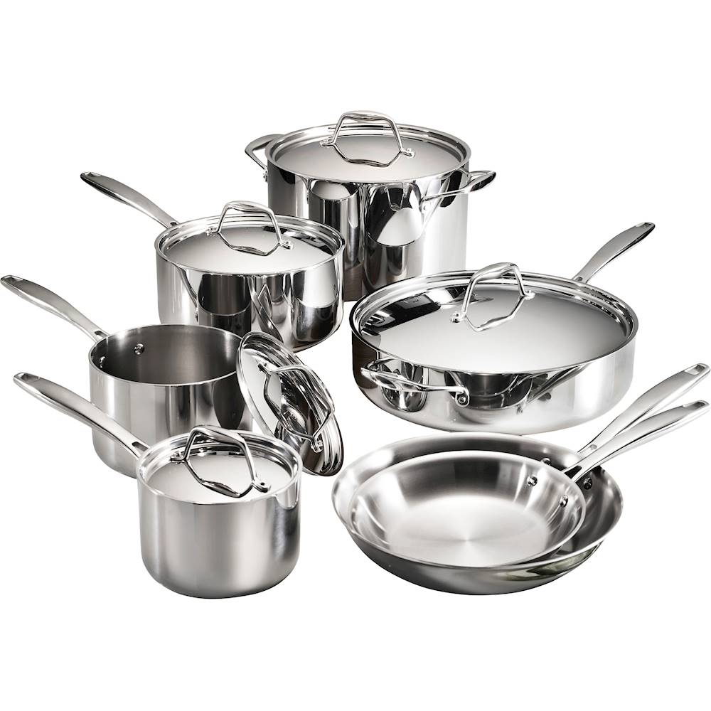 1) Tramontina Tri-Ply Clad Stainless Steel Cookware Set 8 Pieces, 4 Pots, 1  Pan, 3 Lids - Used (1) Calphalon Premier Hard Anodized Cookware Set  Stackable 12 Pieces - Used - Roller Auctions