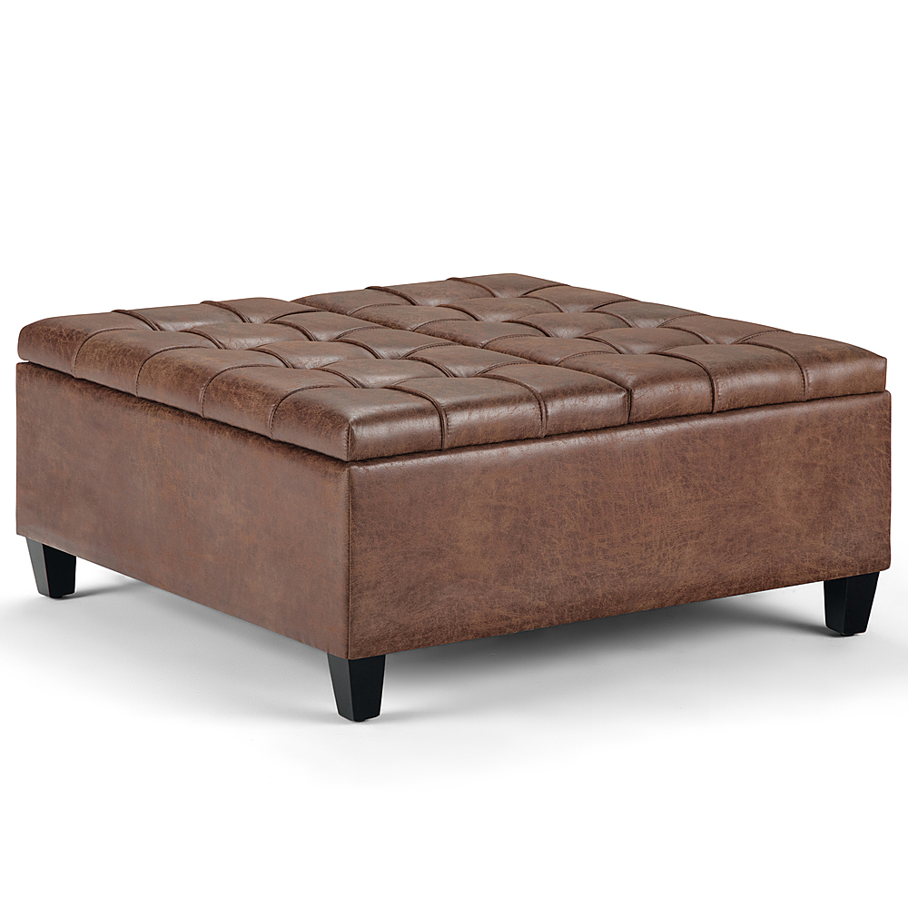 Angle View: Simpli Home - Harrison 36 inch Wide Transitional Square Coffee Table Storage Ottoman in Faux Leather - Distressed Umber Brown