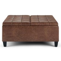 Simpli Home - Harrison 36 inch Wide Transitional Square Coffee Table Storage Ottoman in Faux Leather - Distressed Umber Brown - Front_Zoom