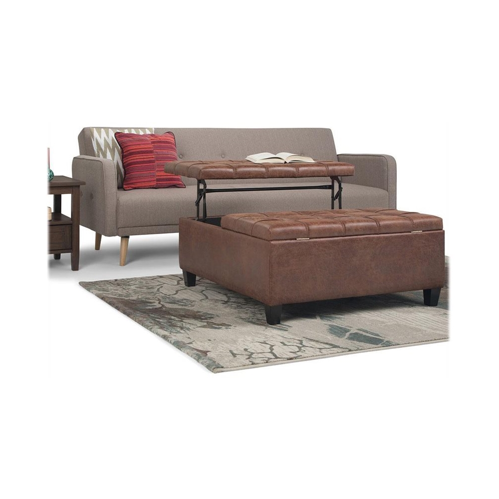 Left View: Simpli Home - Harrison 36 inch Wide Transitional Square Coffee Table Storage Ottoman in Faux Leather - Distressed Umber Brown