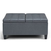 Simpli Home - Harrison 36 inch Wide Transitional Square Coffee Table Storage Ottoman in Stone Grey Faux Leather - Stone Gray - Front_Zoom