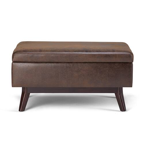 Simpli Home - Owen Rectangular Mid-Century Modern Faux Air Leather Ottoman With Inner Storage - Distressed Chestnut Brown