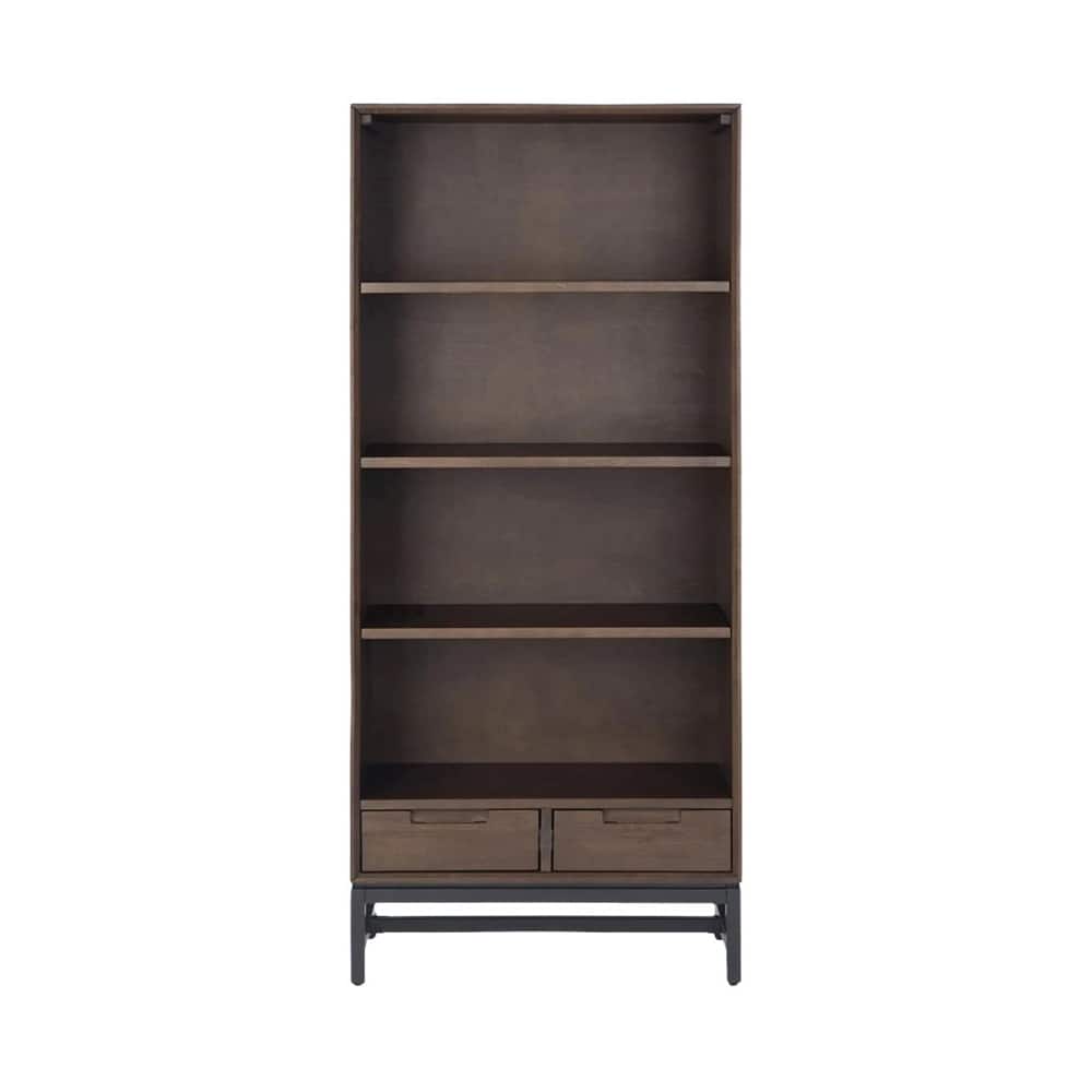 Simpli Home - Banting Modern Industrial Metal & Solid Rubberwood 3-Shelf 2-Drawer Bookcase - Walnut Brown