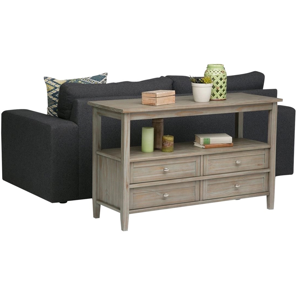 Left View: Simpli Home - Warm Shaker SOLID WOOD 48 inch Wide Transitional Console Sofa Table in Distressed Grey - Distressed Gray
