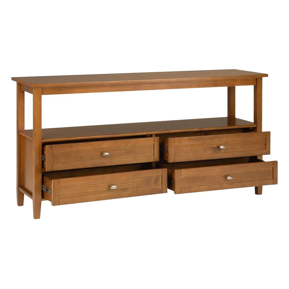 Left View: Simpli Home - Warm Shaker Rectangular Rustic Wood 4-Drawer Console Table - Light Golden Brown