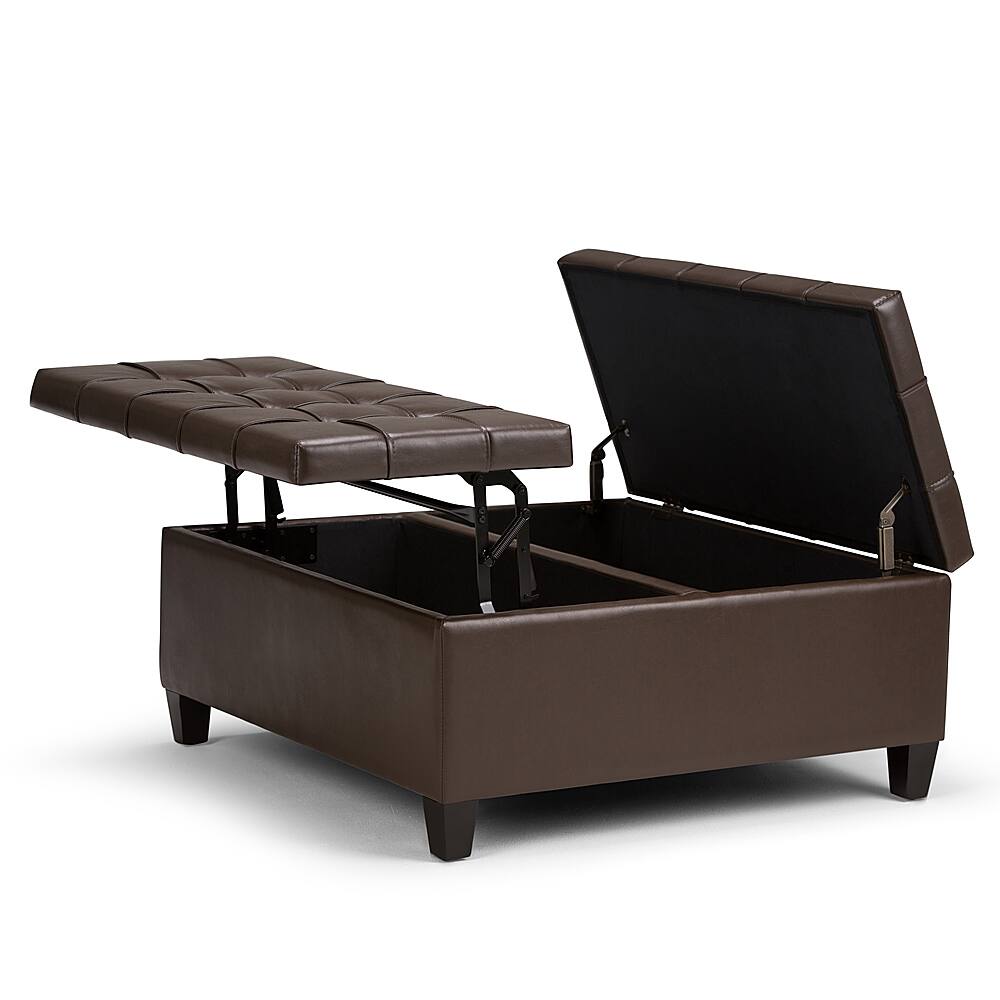 Left View: Simpli Home - Harrison 36 inch Wide Transitional Square Coffee Table Storage Ottoman in Faux Leather - Chocolate Brown