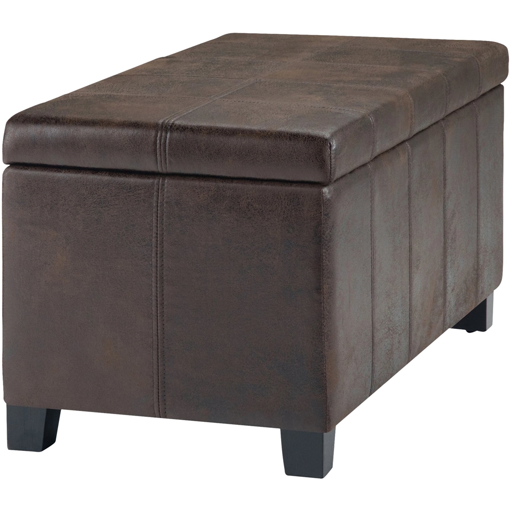 Left View: Simpli Home - Dover Rectangular Wood/Faux Air Leather Bench Ottoman With Inner Storage - Distressed Brown