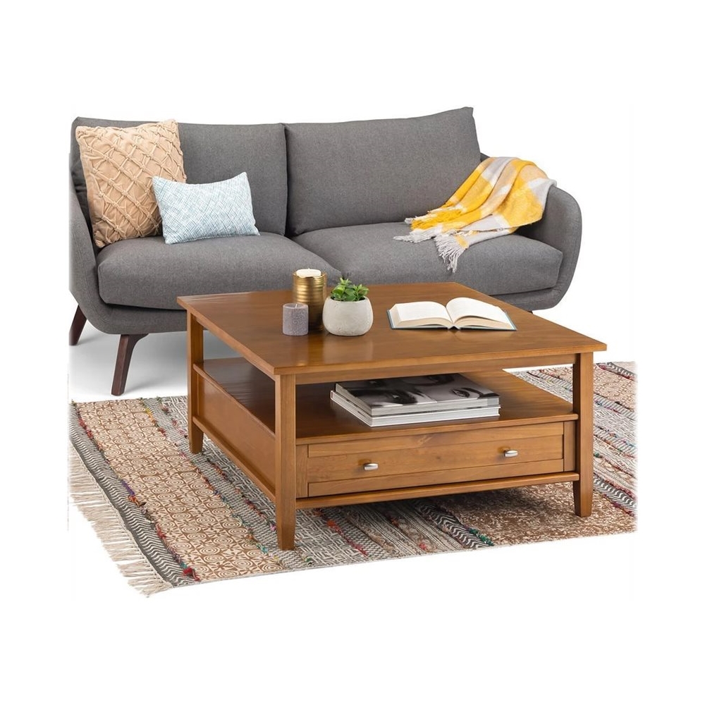 Left View: Simpli Home - Warm Shaker Square Rustic Wood 1-Drawer Coffee Table - Light Golden Brown