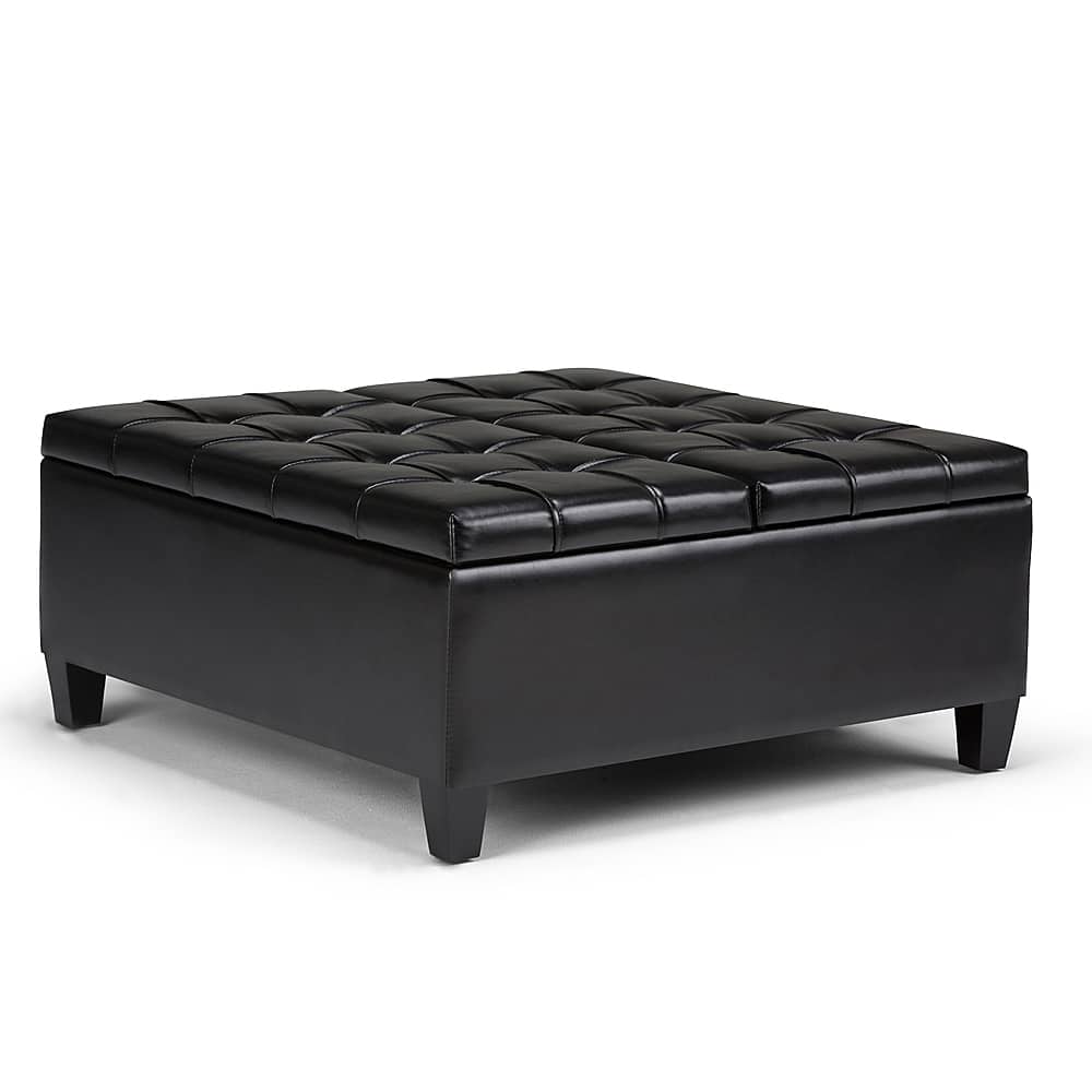 Angle. Simpli Home - Harrison 36 inch Wide Transitional Square Coffee Table Storage Ottoman in Midnight Black Faux Leather - Midnight Black.