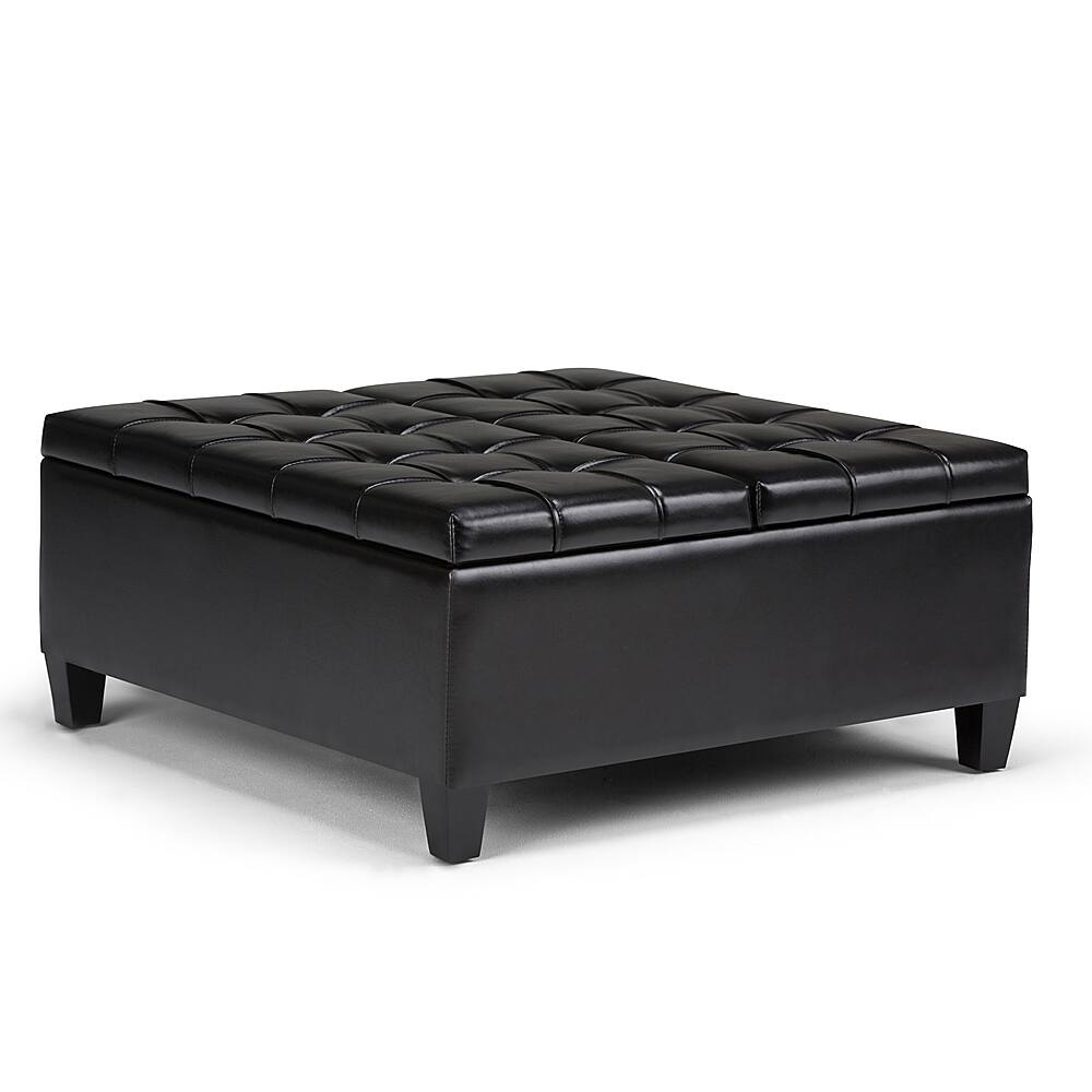 Angle. Simpli Home - Harrison 36 inch Wide Transitional Square Coffee Table Storage Ottoman in Midnight Black Faux Leather - Midnight Black.