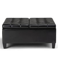 Simpli Home - Harrison 36 inch Wide Transitional Square Coffee Table Storage Ottoman in Faux Leather - Midnight Black - Front_Zoom
