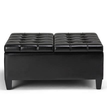 Front. Simpli Home - Harrison 36 inch Wide Transitional Square Coffee Table Storage Ottoman in Midnight Black Faux Leather - Midnight Black.
