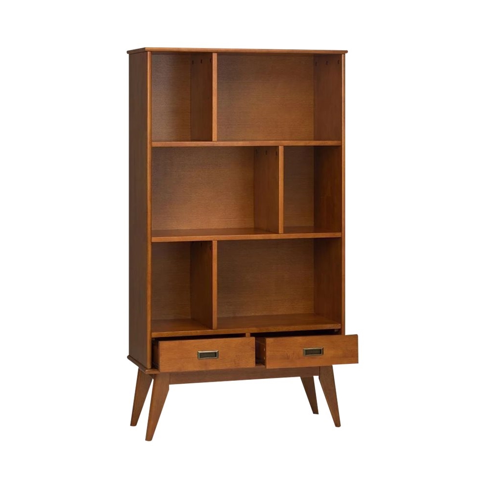Left View: Simpli Home - Draper Mid-Century Modern Solid Hardwood 6-Shelf 2-Drawer Bookcase - Teak Brown