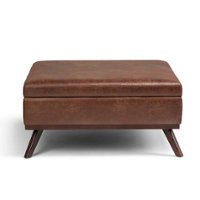 Simpli Home - Owen 38 inch Wide Mid Century Modern Square Coffee Table Storage Ottoman - Distressed Saddle Brown - Front_Zoom