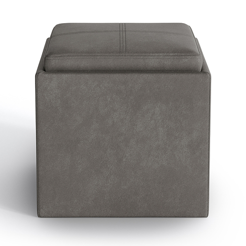 Simpli Home - Rockwood 17 inch Wide Contemporary Square Cube Storage Ottoman with Tray - Distressed Slate Gray
