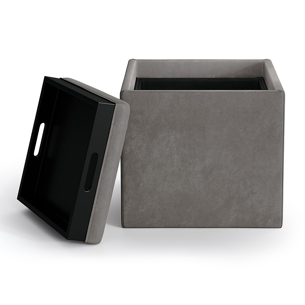 Left View: Simpli Home - Rockwood 17 inch Wide Contemporary Square Cube Storage Ottoman with Tray - Distressed Slate Gray