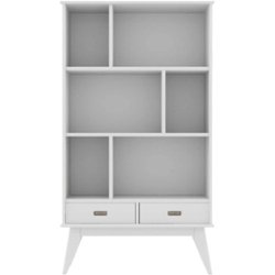 Simpli Home - Draper Mid-Century Modern Solid Hardwood 6-Shelf 2-Drawer Bookcase - White - Front_Zoom