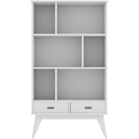 Simpli Home Dr Mid Century Modern, White Bookcase With Doors And Drawers