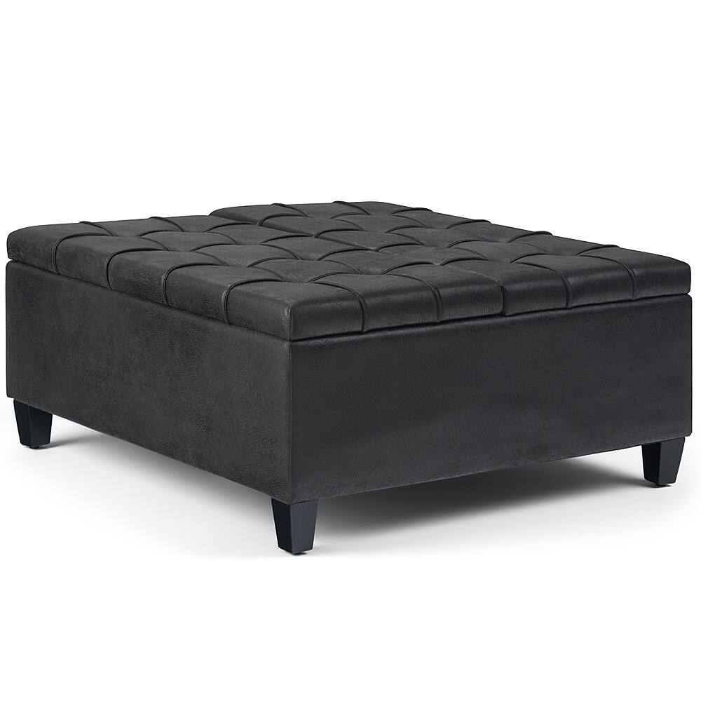 Angle. Simpli Home - Harrison 36 inch Wide Transitional Square Coffee Table Storage Ottoman in Distressed Black Faux Leather - Distressed Black.