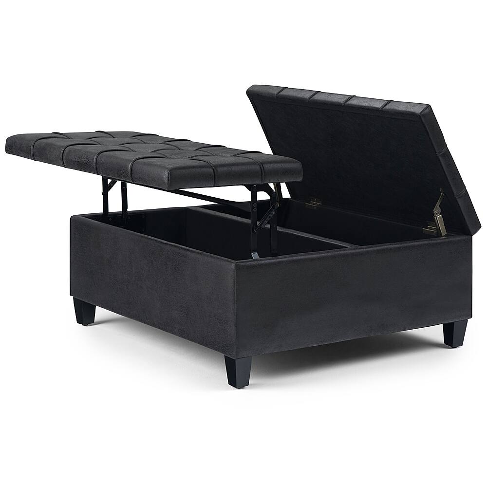 Left. Simpli Home - Harrison 36 inch Wide Transitional Square Coffee Table Storage Ottoman in Distressed Black Faux Leather - Distressed Black.