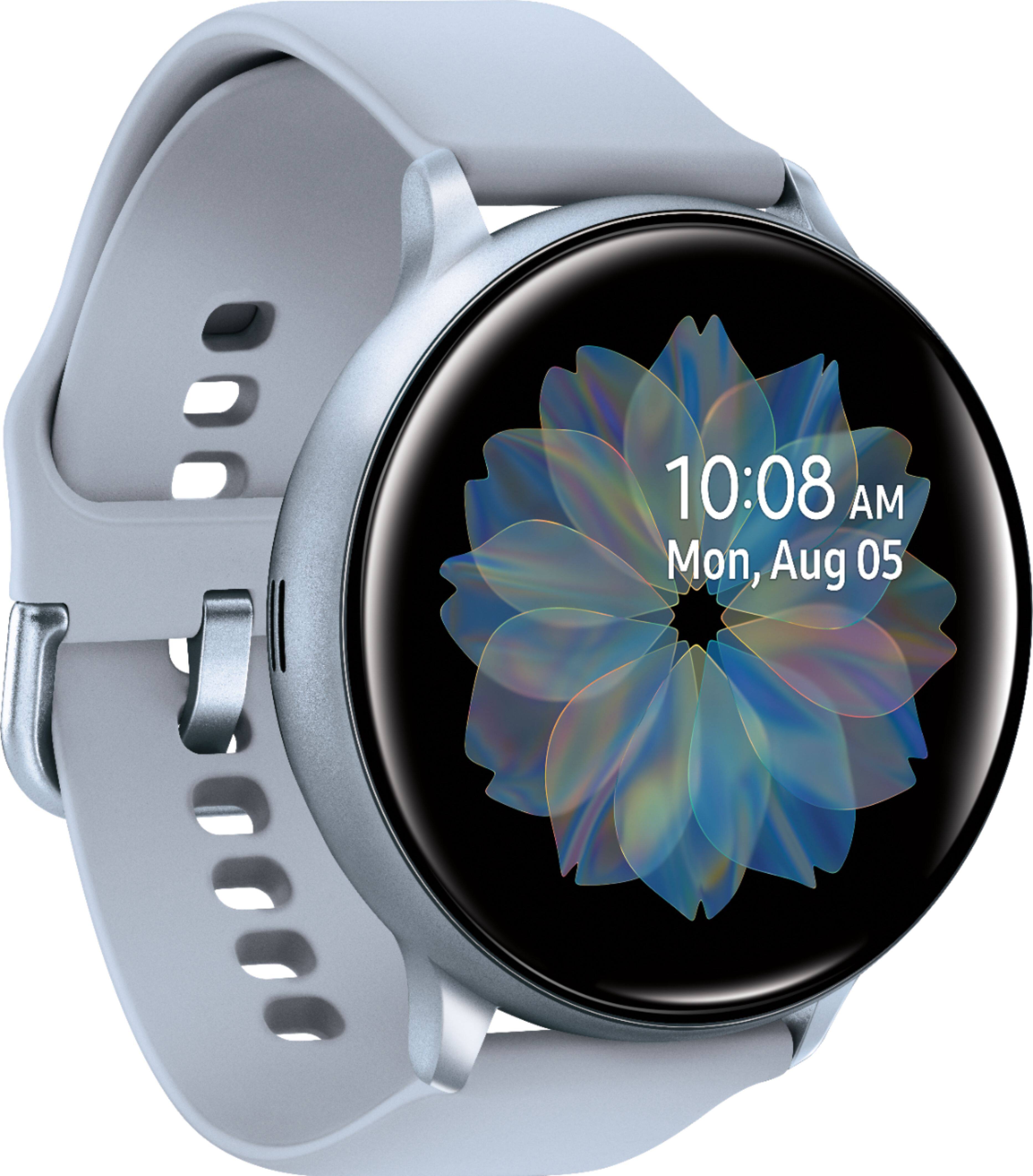 Angle. Samsung - Geek Squad Certified Refurbished Galaxy Watch Active2 Smartwatch 44mm Aluminum - Cloud Silver.