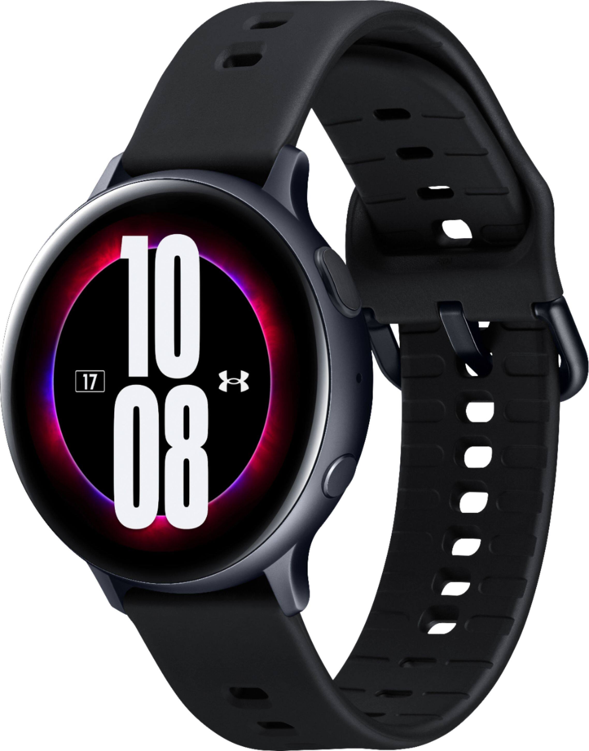 Left. Samsung - Geek Squad Certified Refurbished Galaxy Watch Active2 Under Armour Edition Smartwatch 44mm Aluminum - Aqua Black.