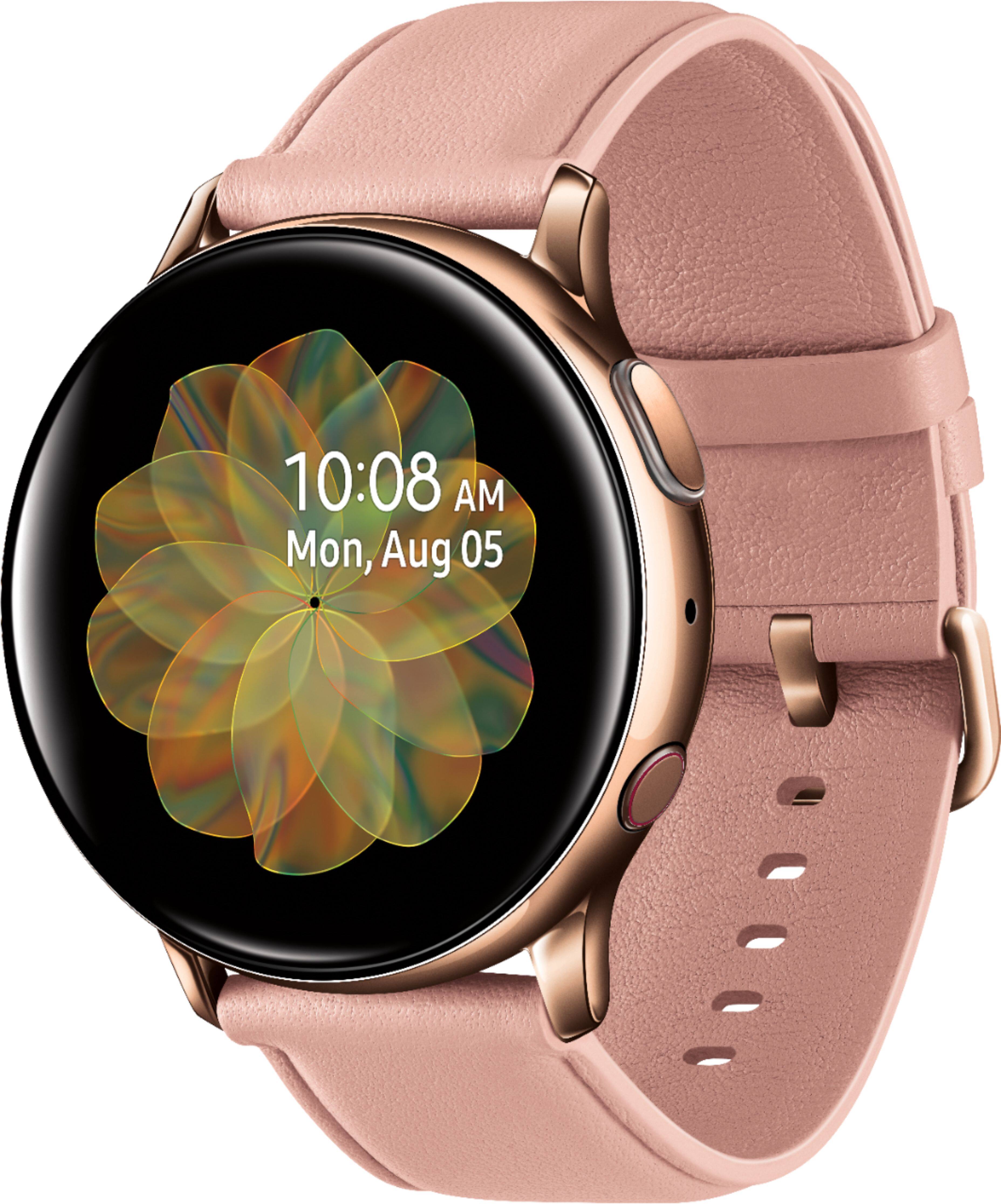 Left. Samsung - Geek Squad Certified Refurbished Galaxy Watch Active2 Smartwatch 40mm Stainless Steel LTE (Unlocked) - Gold.