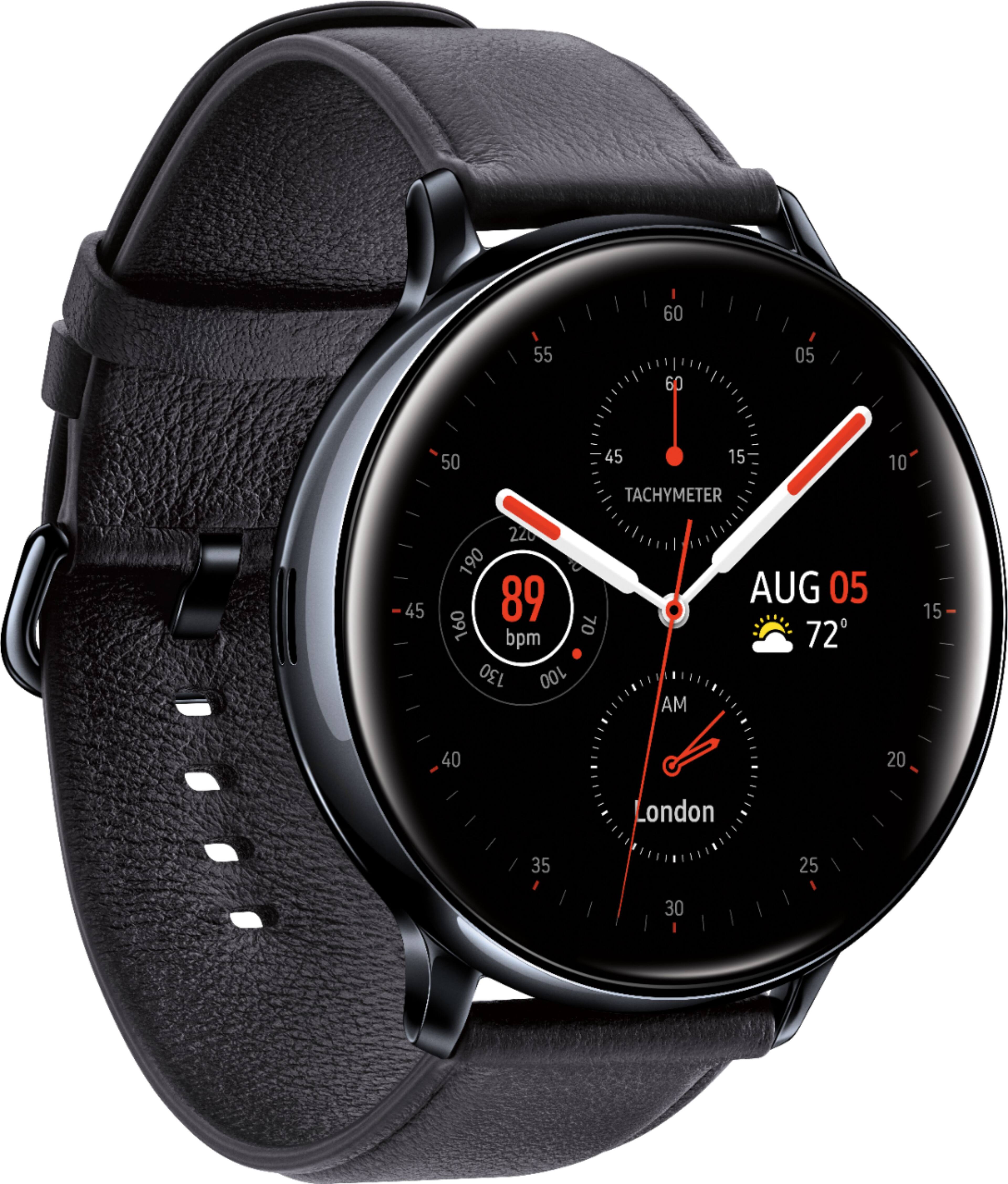 Left. Samsung - Geek Squad Certified Refurbished Galaxy Watch Active2 Smartwatch 44mm Stainless Steel LTE (Unlocked) - Black.