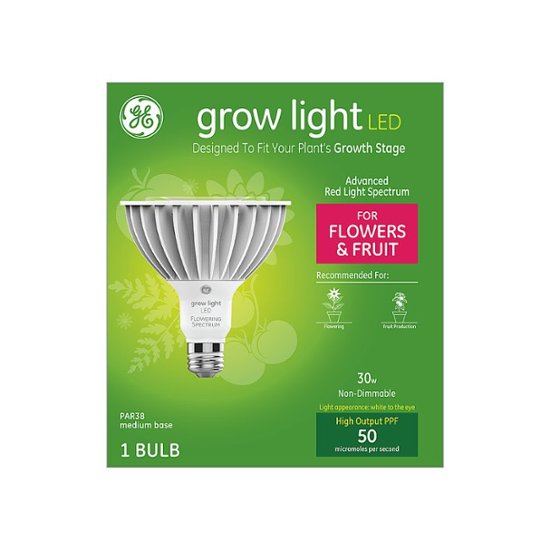 Angle. General Electric - GE Grow LED 30-Watt PAR38 for Indoor Plants, Red Reproductive Spectrum for Flowering and Fruiting - White.