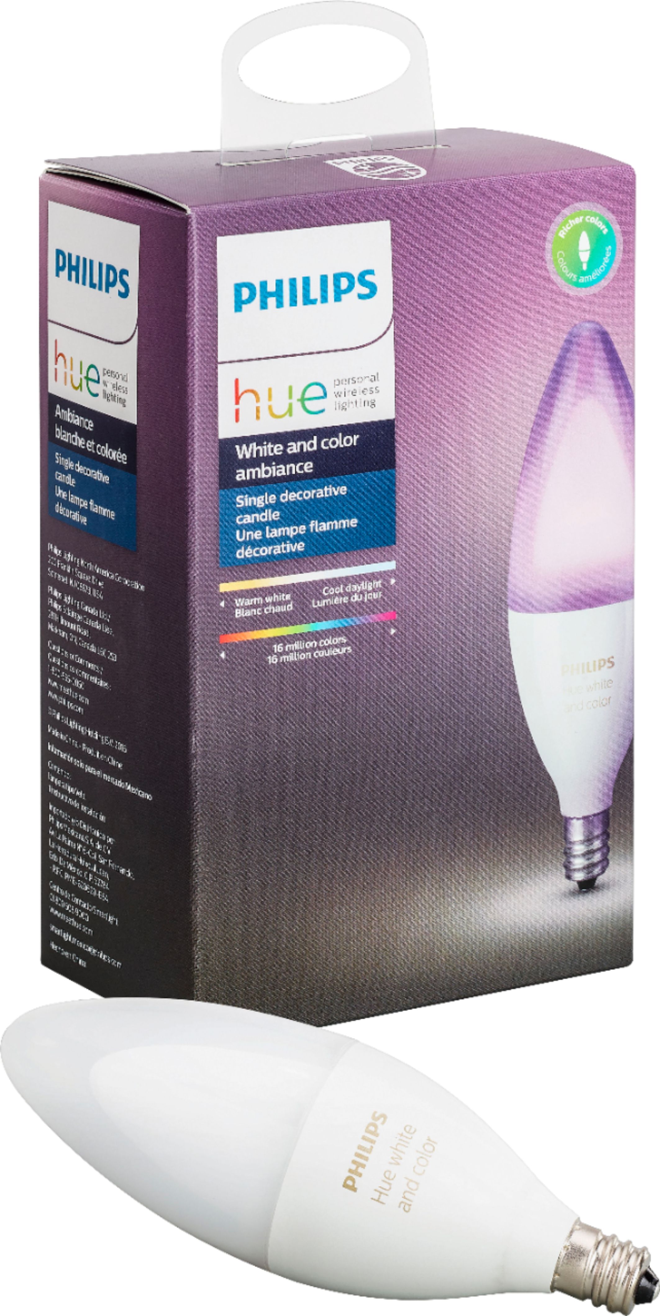 Angle View: Philips - Geek Squad Certified Refurbished Hue White and Color Ambiance E12 Wi-Fi Smart LED Decorative Candle Bulb - Multicolor