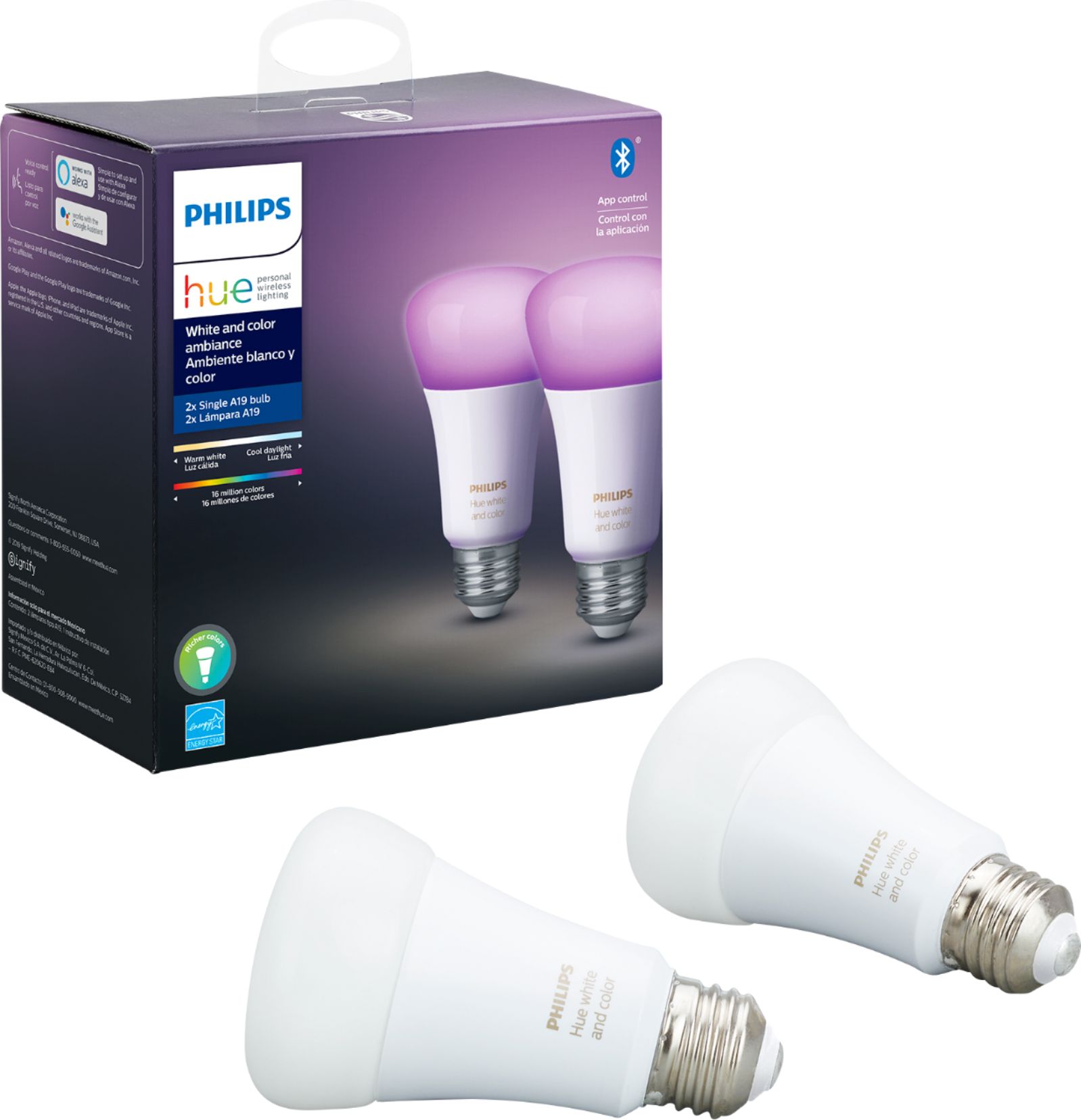 Philips Geek Squad Certified Refurbished Hue White Color Ambiance A19 Bluetooth Smart LED Bulb (2-Pack) Multicolor GSRF 548610 - Buy