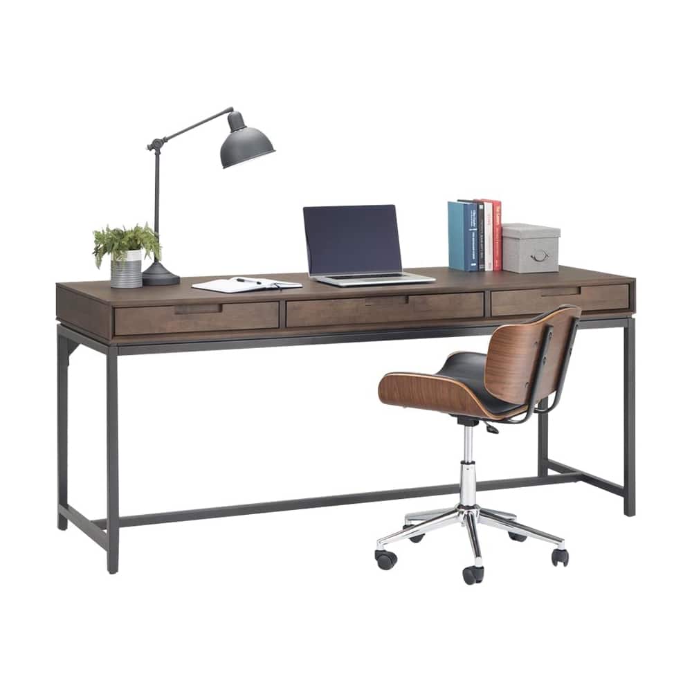 Alt View 16. Simpli Home - Banting Rectangular Mid-Century Modern Industrial Solid Rubberwood 3-Drawer Table - Walnut Brown.