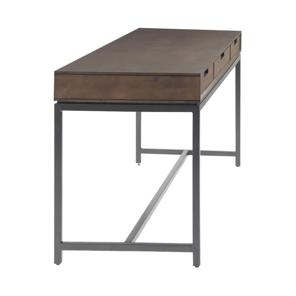Left. Simpli Home - Banting Rectangular Mid-Century Modern Industrial Solid Rubberwood 3-Drawer Table - Walnut Brown.