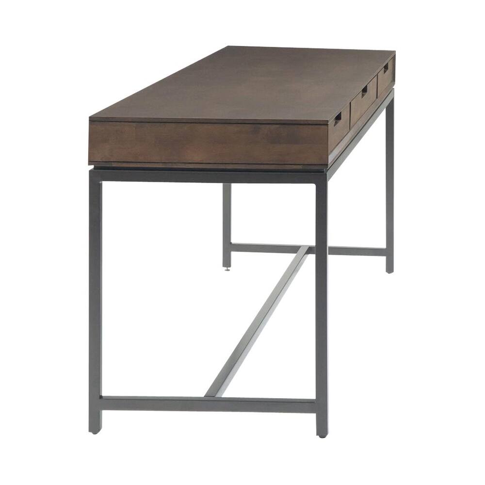 Left. Simpli Home - Banting Rectangular Mid-Century Modern Industrial Solid Rubberwood 3-Drawer Table - Walnut Brown.