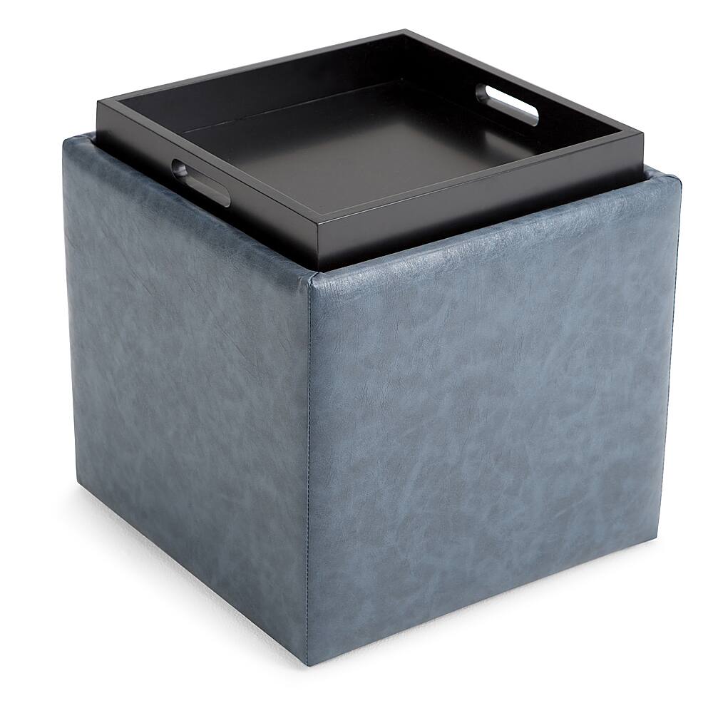 Angle. Simpli Home - Rockwood 17 inch Wide Contemporary Square Cube Storage Ottoman with Tray - Denim Blue.