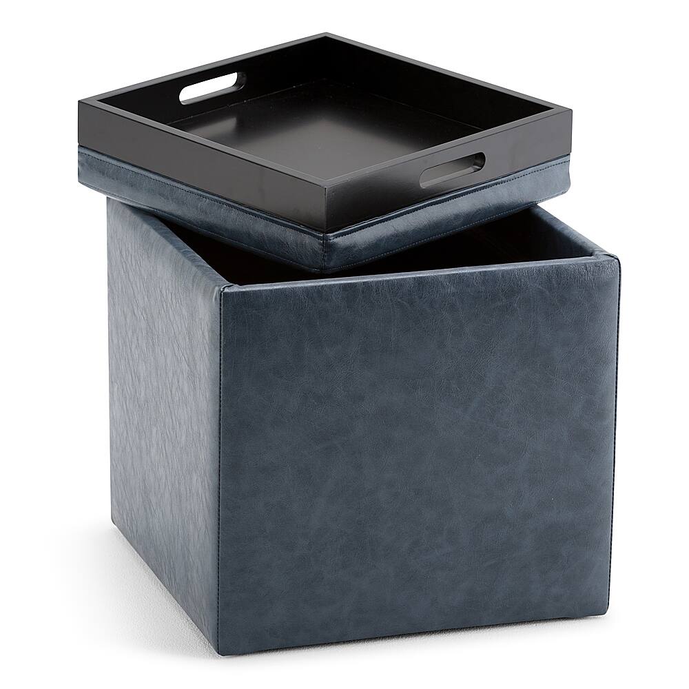 Alt View 15. Simpli Home - Rockwood 17 inch Wide Contemporary Square Cube Storage Ottoman with Tray - Denim Blue.