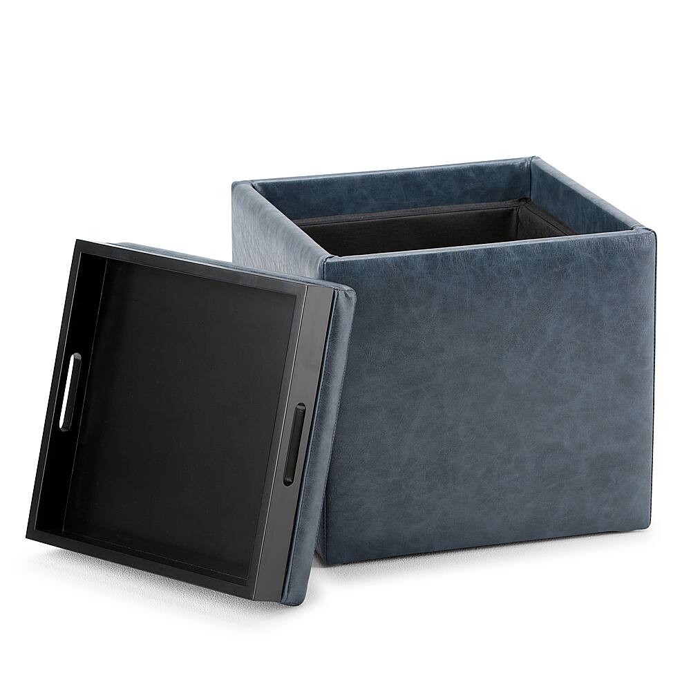 Left. Simpli Home - Rockwood 17 inch Wide Contemporary Square Cube Storage Ottoman with Tray - Denim Blue.