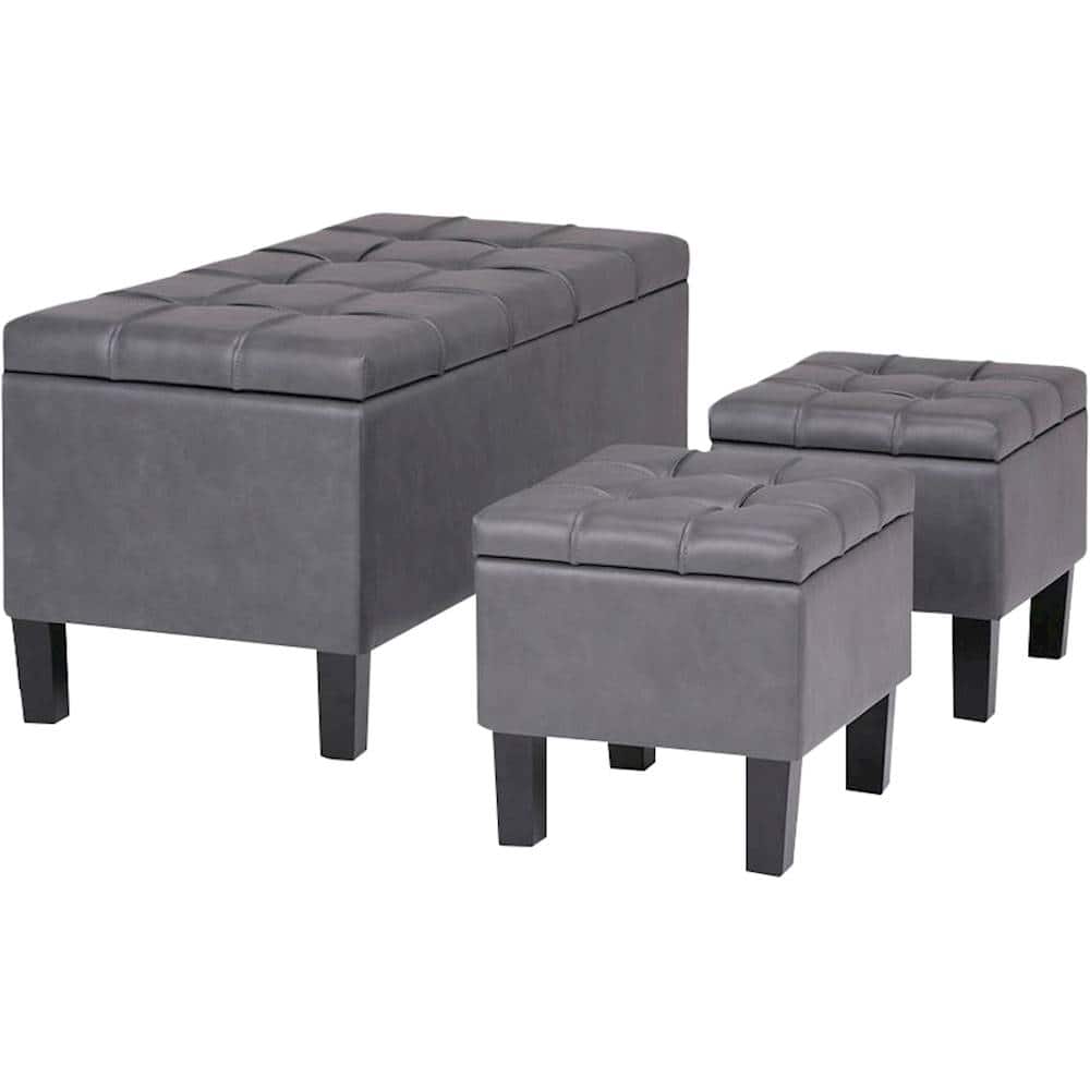 Alt View 11. Simpli Home - Dover Rectangular Contemporary Faux Leather Storage Ottoman (Set of 3) - Stone Gray.