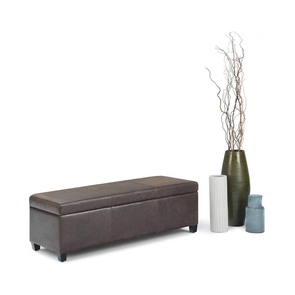 Left View: Simpli Home - Avalon Rectangular Contemporary Wood/Foam Bench Ottoman With Inner Storage - Distressed Brown