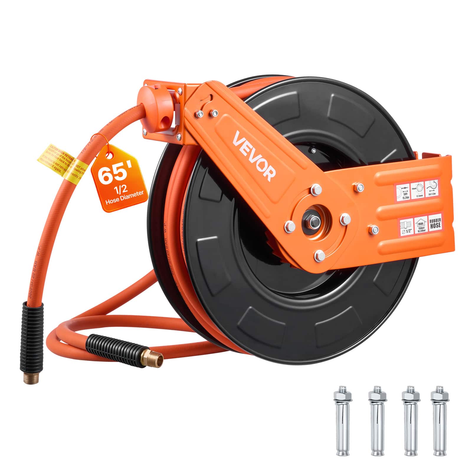 VEVOR - Retractable Air Hose Reel, 1/2 Inch x 65 FT Rubber Air Hose Max 300PSI, Auto Rewind Air-Compressor Hoses Reel - Orange + Black